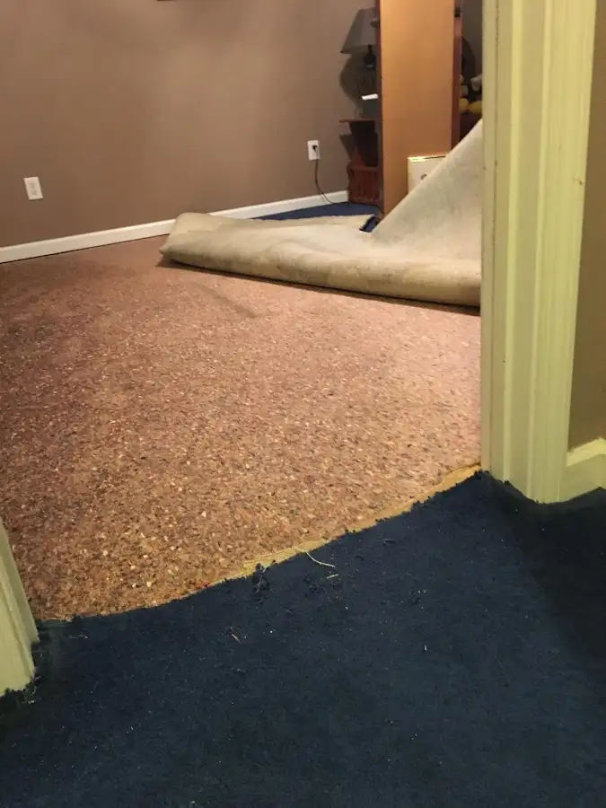 Carpet pad removal revealing water damage during Water Mitigation Services in Wood River